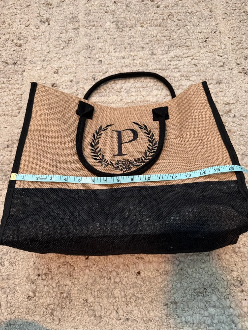 Monogram 'P' Jute Tote Bag in Natural and Black